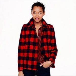J. Crew Red and Navy Buffalo Check Peacoat